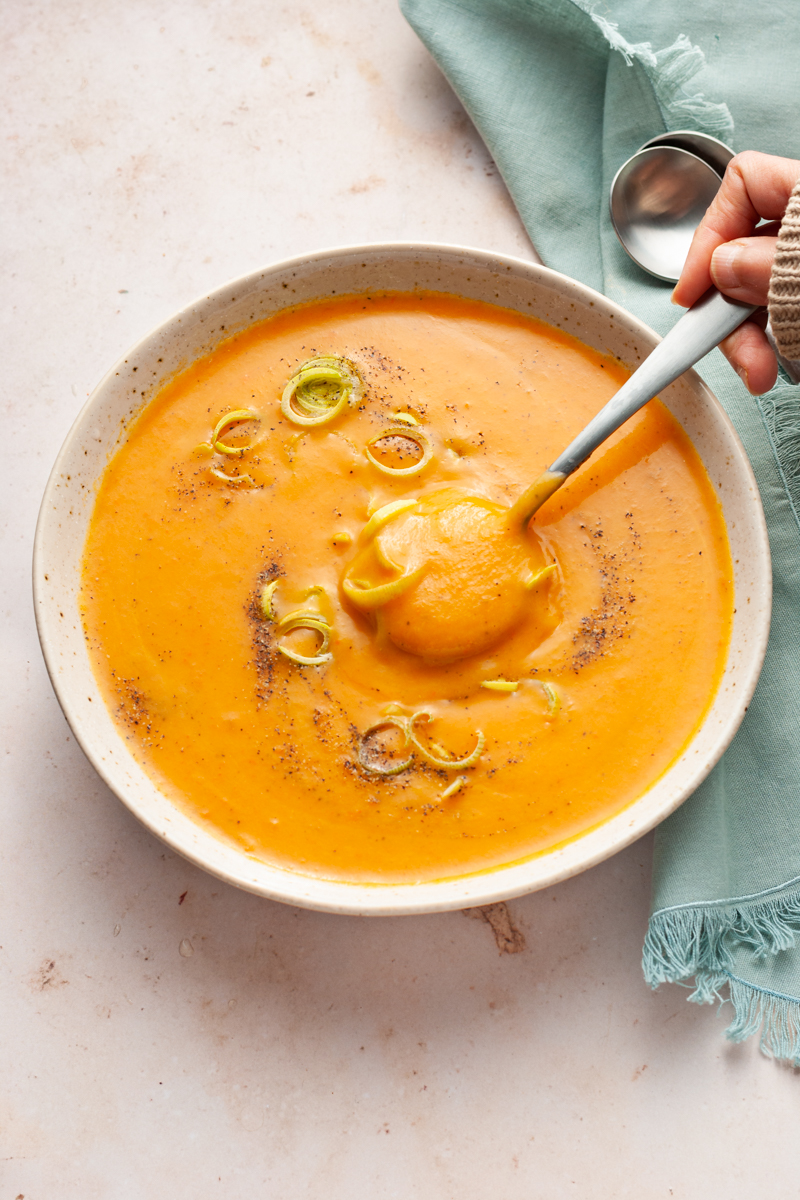 Irish vegetable soup in a bowl with spoon.