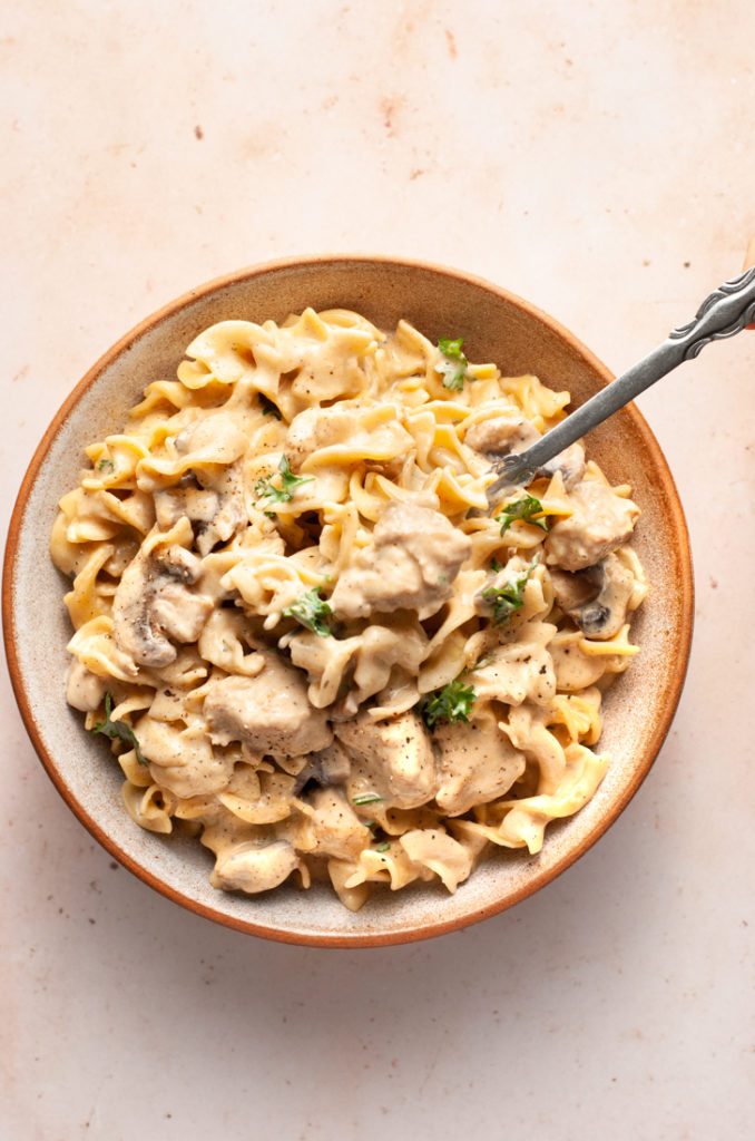 chicken stroganoff in a bowl with spoon