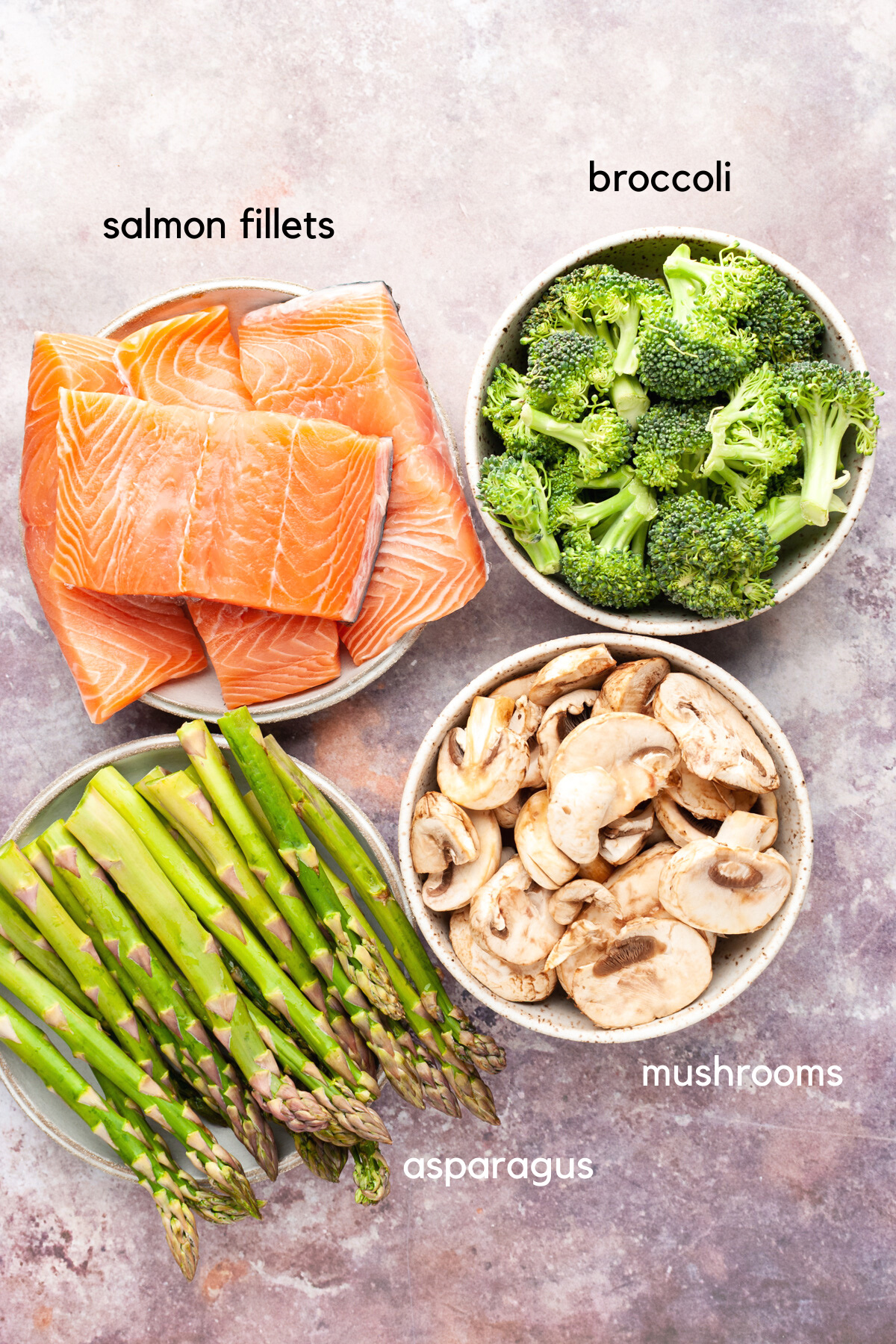 Ingredients for air fryer salmon and vegetables (labelled)
