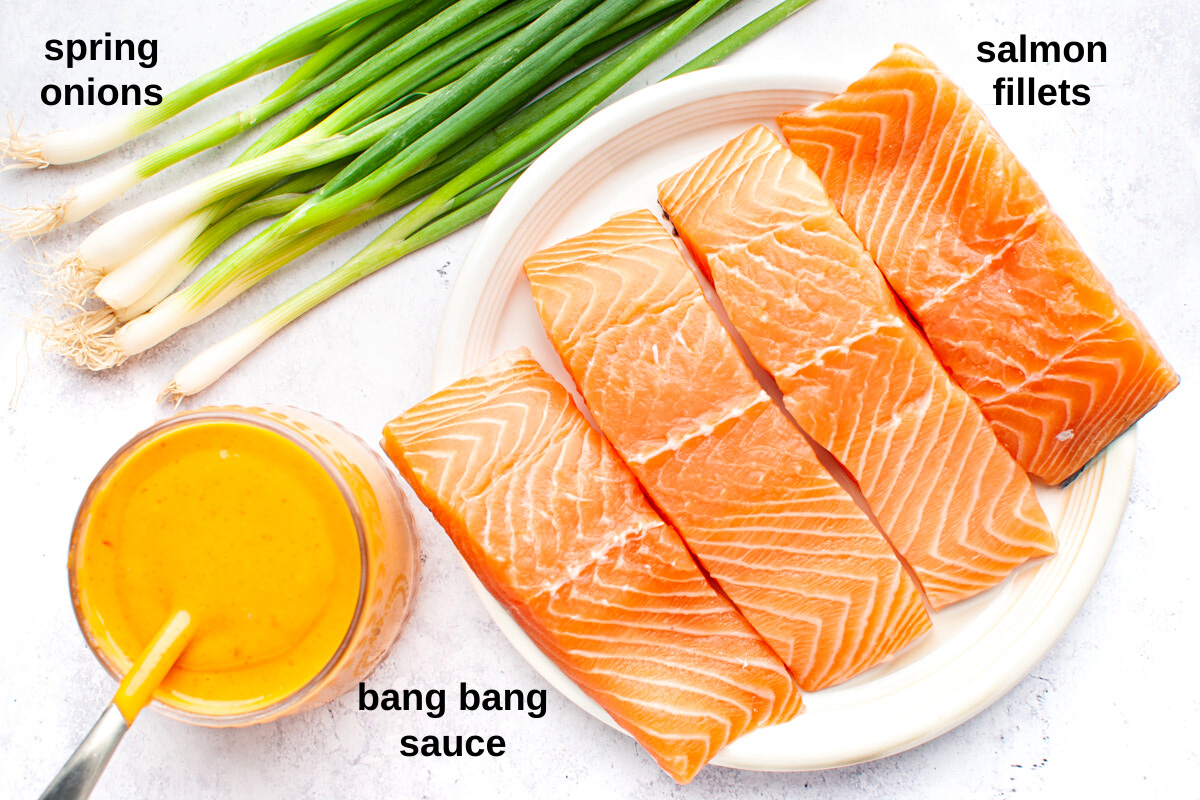 Bang bang salmon labelled ingredients - spring onions, salmon fillets, and bang bang sauce.