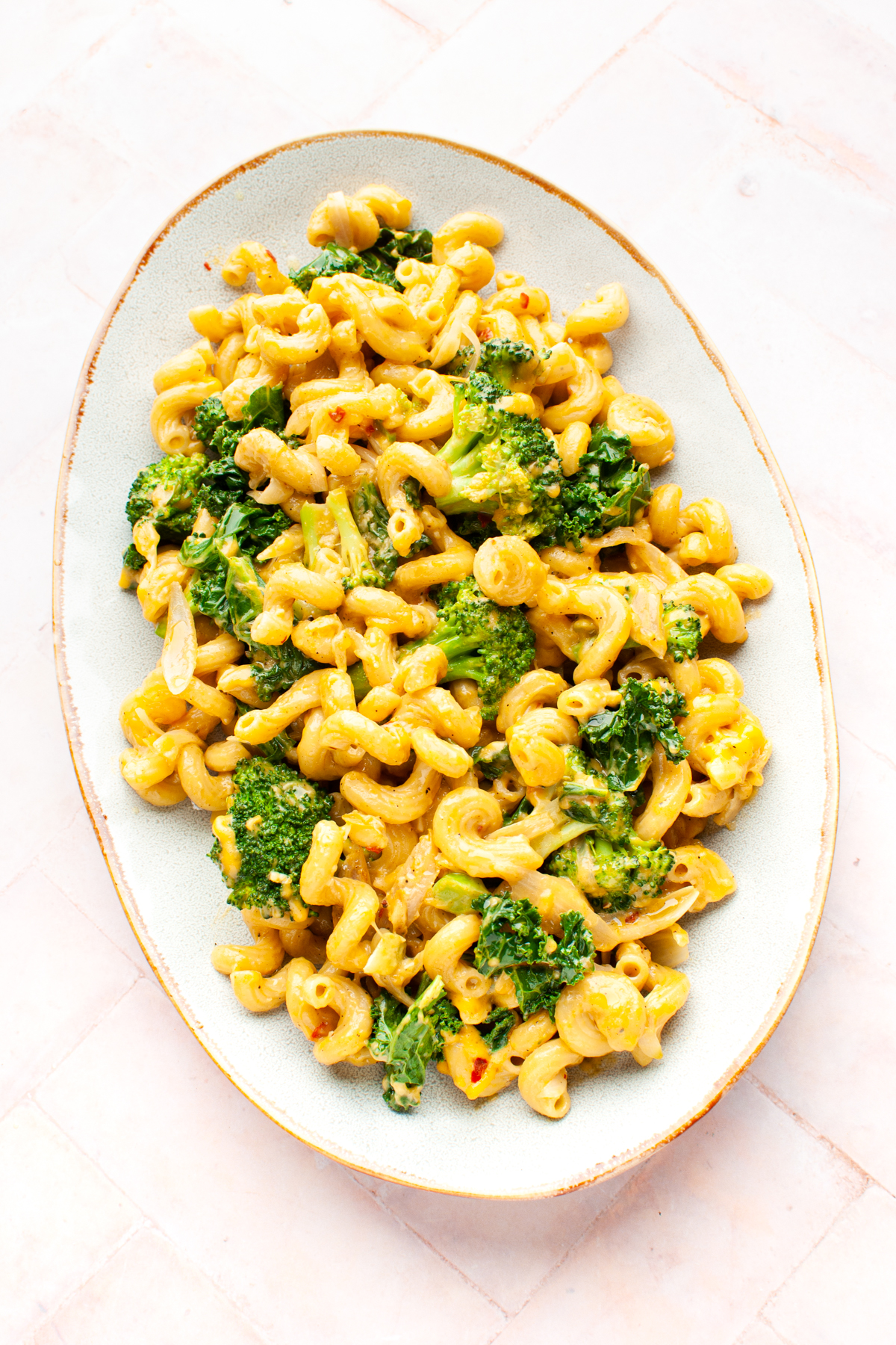 broccoli and kale pasta in a serving platter