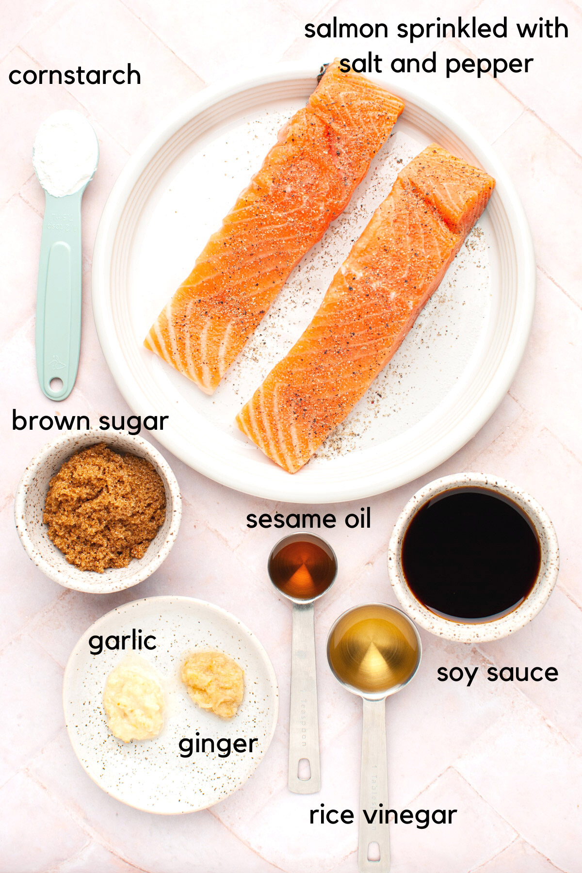 Labelled ingredients for air fryer teriyaki salmon.