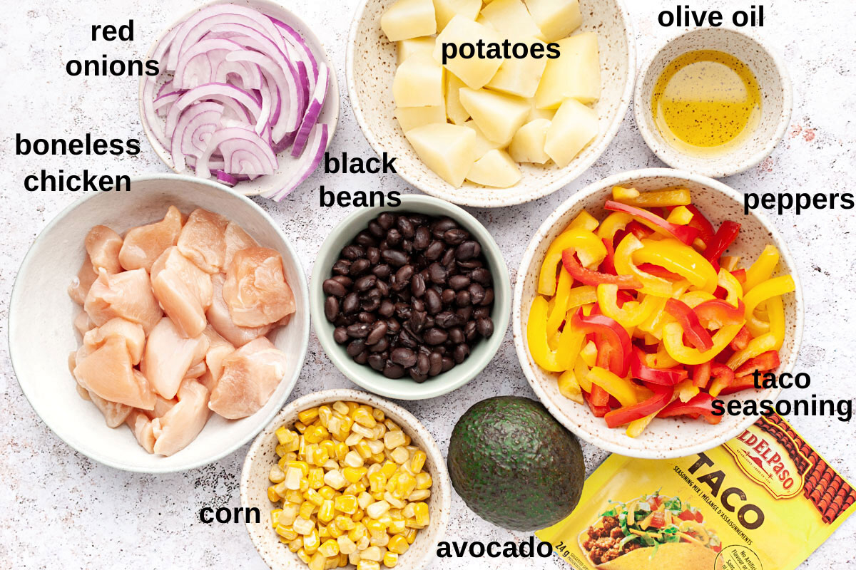 Labelled ingredients for mexican chicken salad.