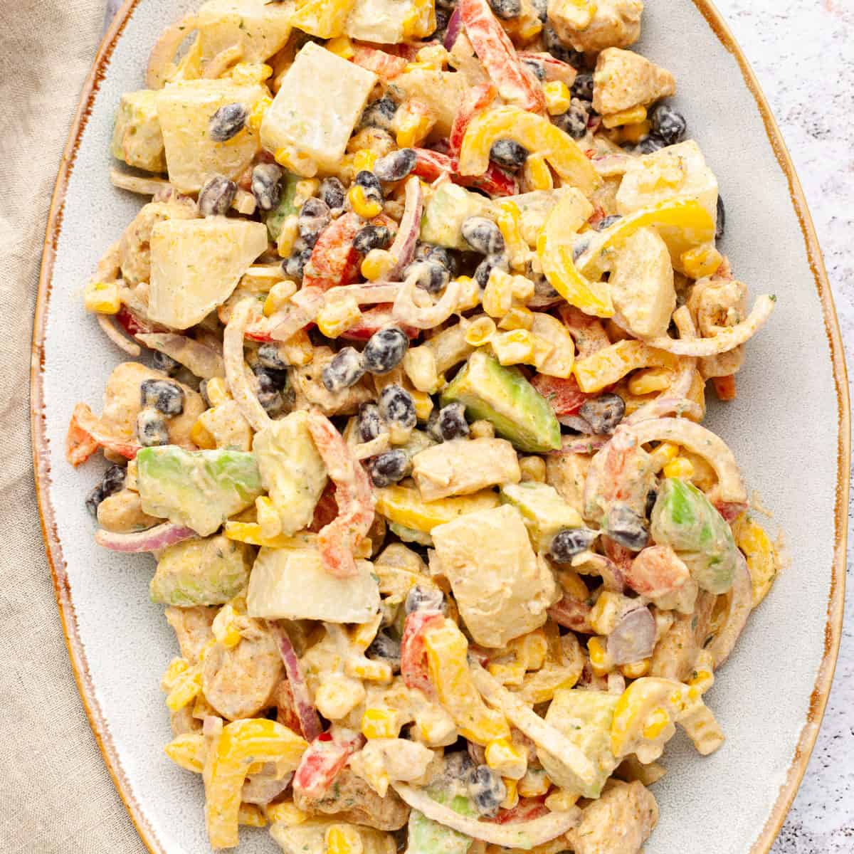 Mexican chicken salad in a shallow oval dish.