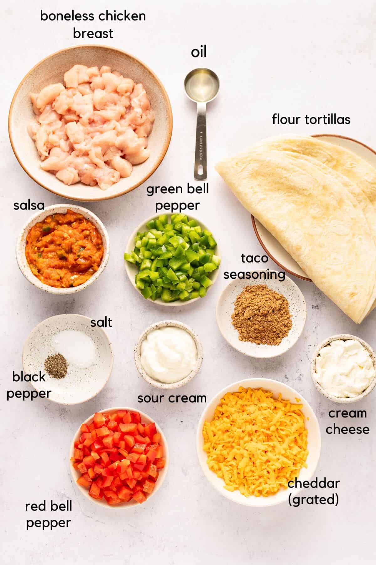 Mexican chicken pinwheels ingredients (labelled).