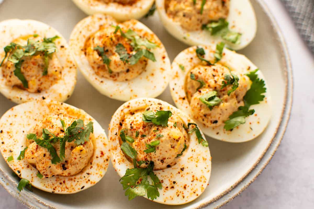 Close-up of Mexican deviled eggs in a plate.
