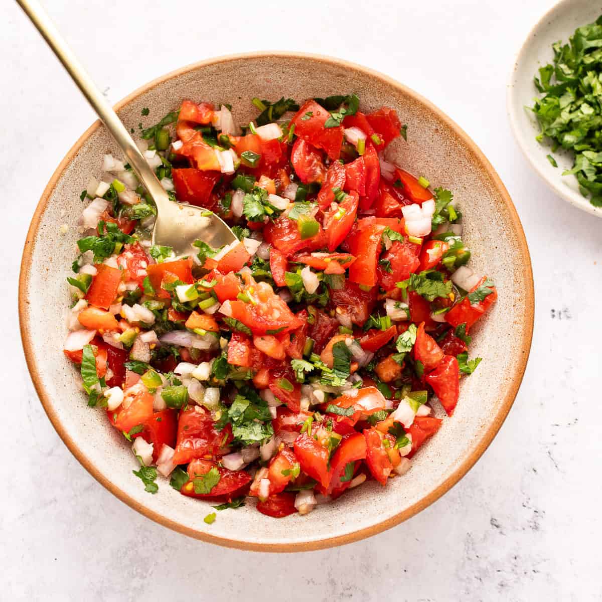 Pico de Gallo in bowl with a spoon.