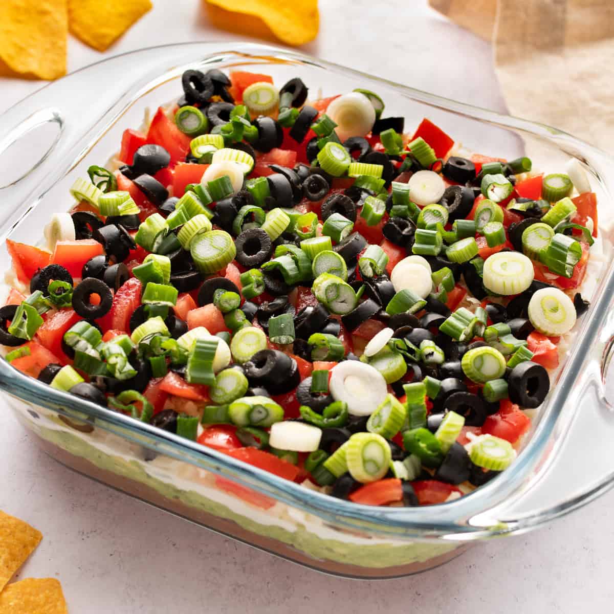 7 layer dip in a square Pyrex dish.