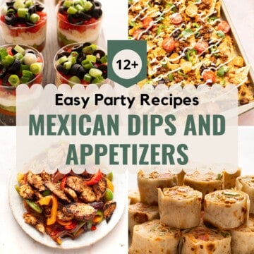 A 4-image collage of Mexican dips and appetizers.