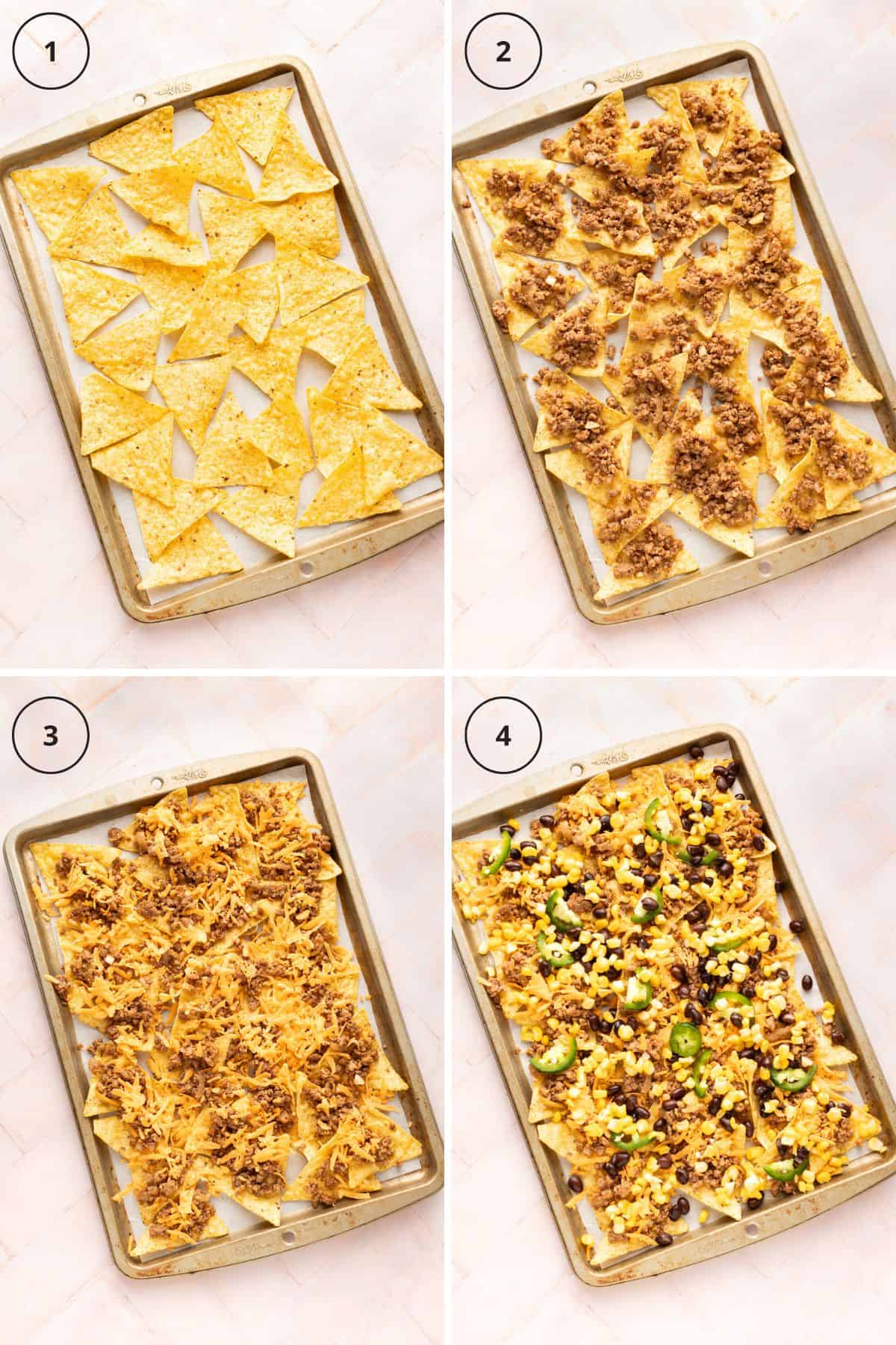 Making beef nachos - process shots collage.