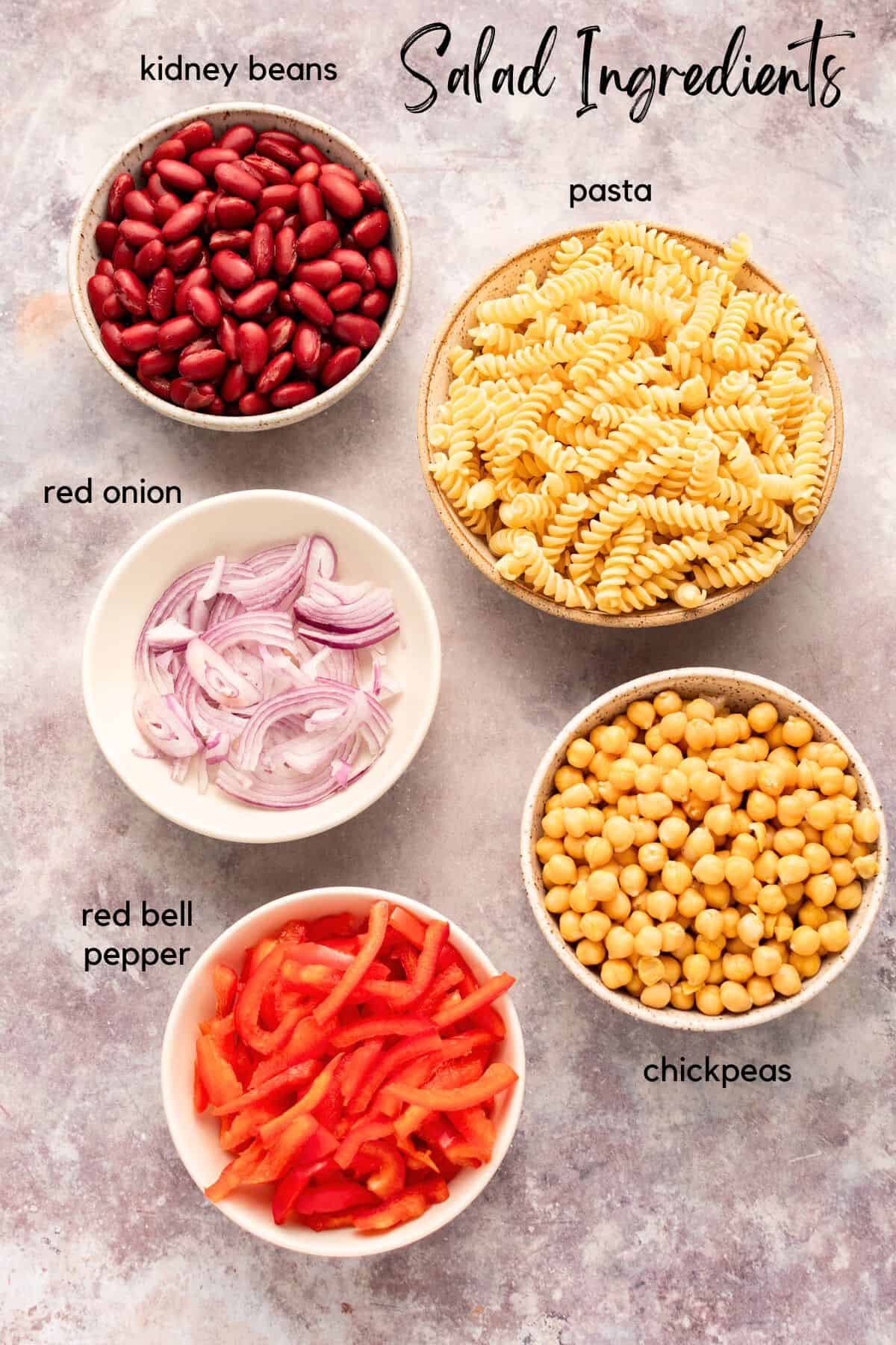 Main ingredients for bean pasta salad.