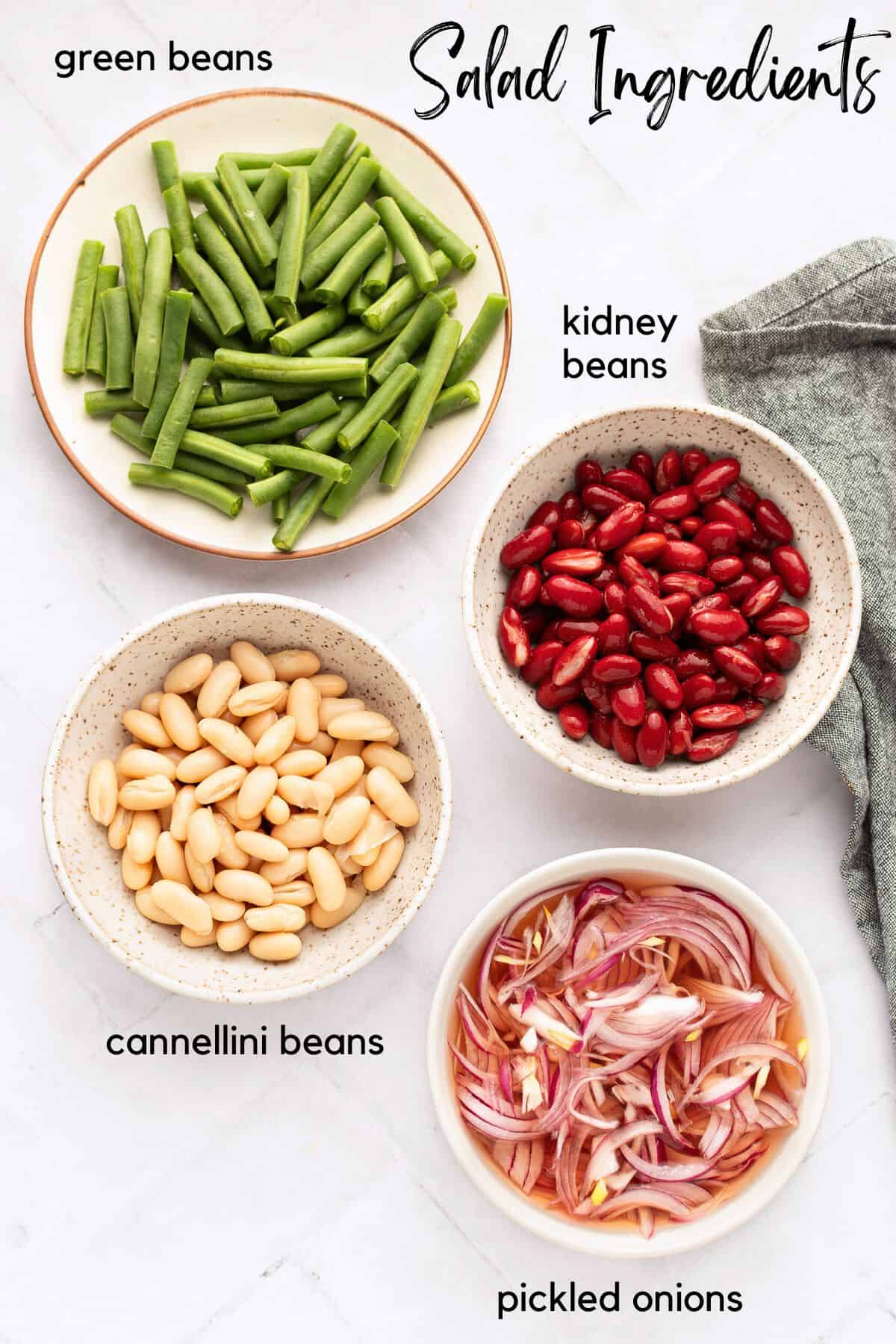 Three bean salad ingredients (labelled).