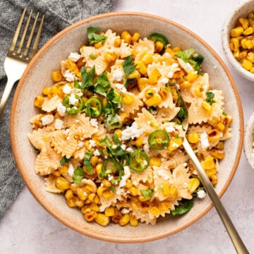 Elote pasta salad in a bowl.